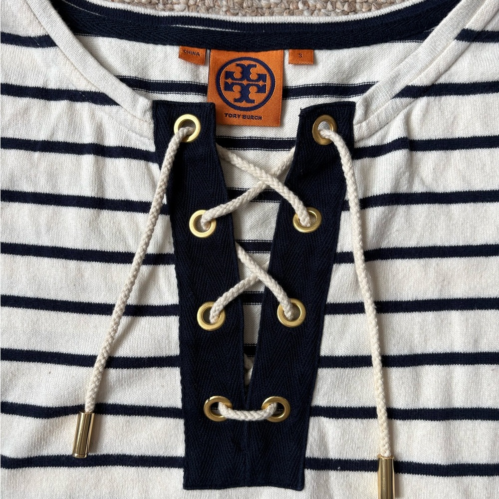 Tory Burch Navy & White Striped Lace-Up Top 3/4 sleeves, nautical sailor, Size S - Picture 2 of 11